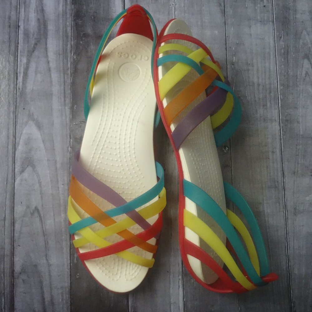 SIZE 9. CROCS multicolor strappy jelly sandals.